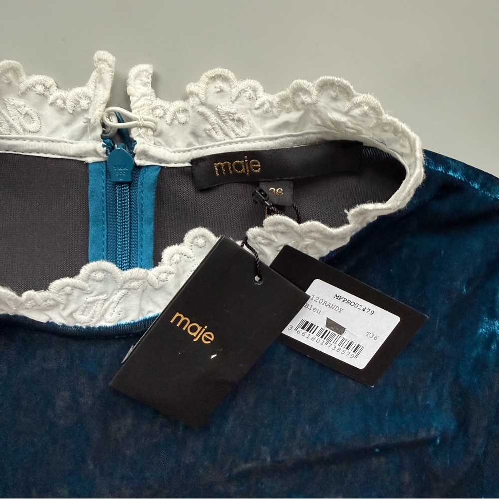Maje Orandy Blue Crushed Velvet Lace Collar Mini Dress EU 36 US 4 NEW - Picture 4 of 12